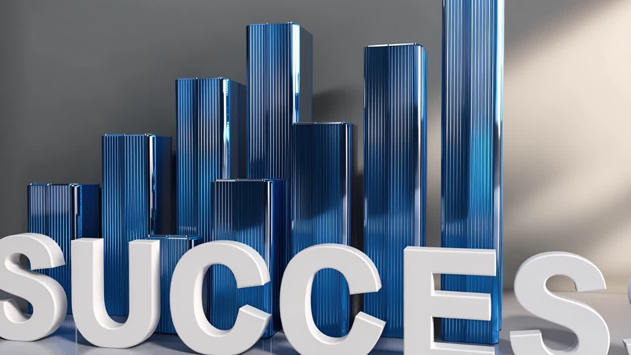 Blue bars rise behind bold white letters spelling SUCCESS. Sunlight glows warmly from right side. Reflective surface mirrors everything. Clean, modern, and optimistic vibe. Ideal for business, growth