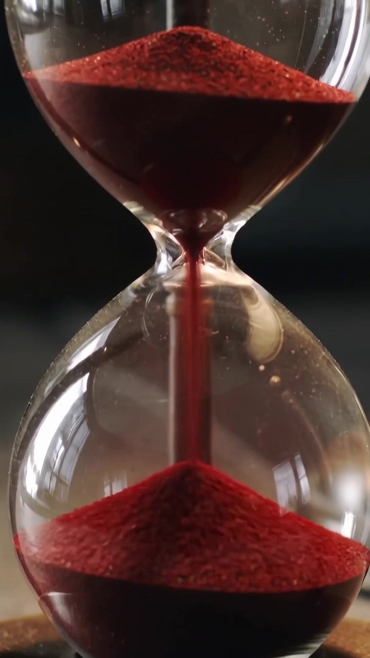 Vertical video: Flowing hourglass with gravity pulling red sand through narrow neck on desk, timing