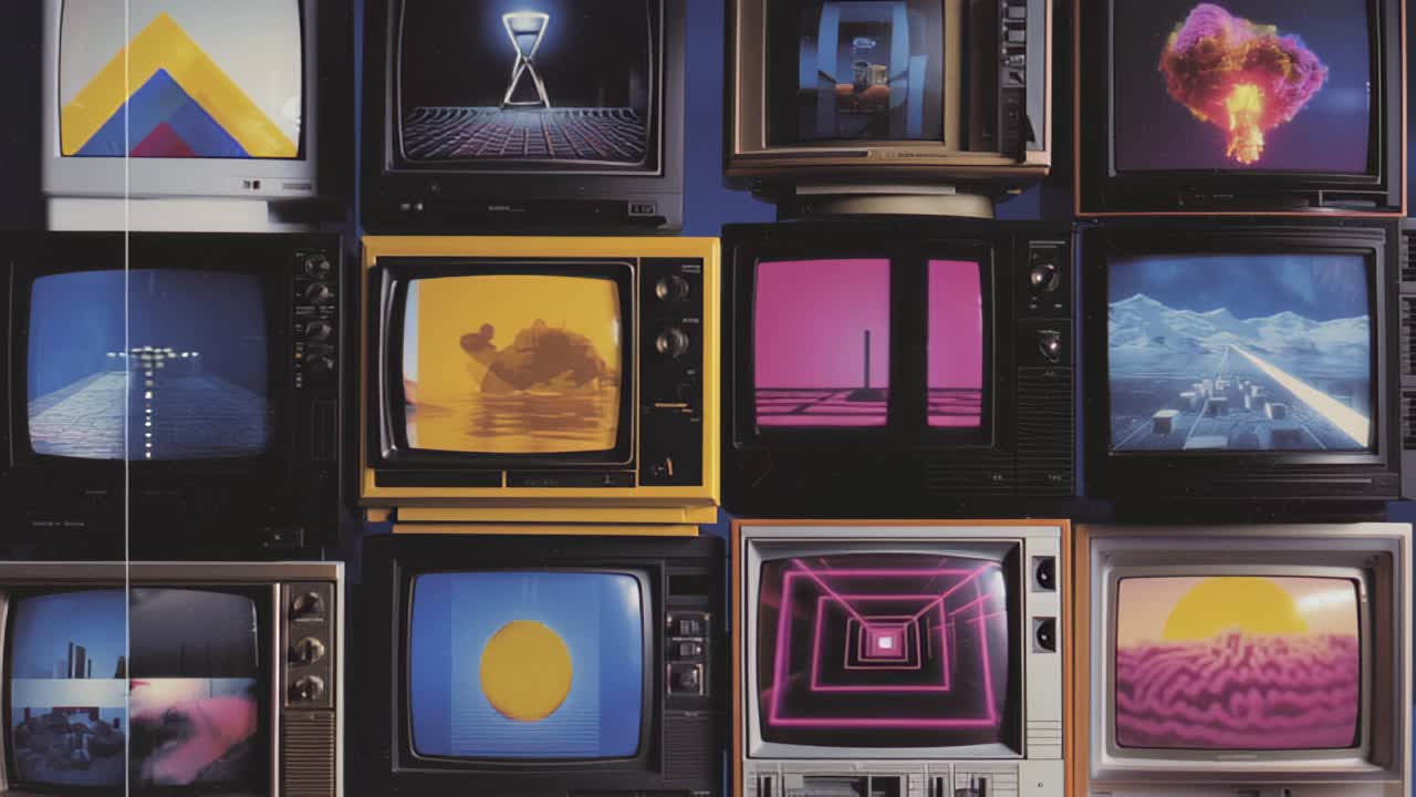 Televisores antiguos apilados muestran escenas abstractas coloridas, túnel de neón, sol del desierto, montañas y efectos visuales con fallos, creando un fondo de tecnología retro para medios.