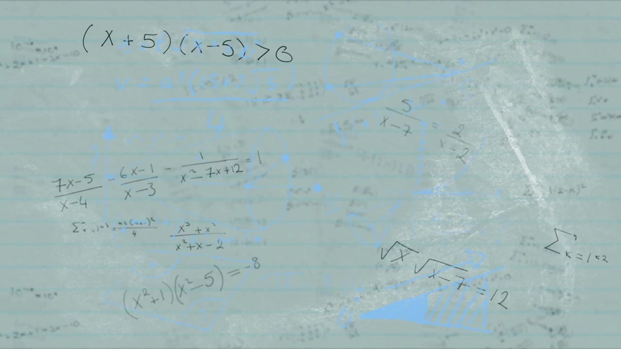 Mathematical Equations and Geometric Diagrams on a Chalkboard Background