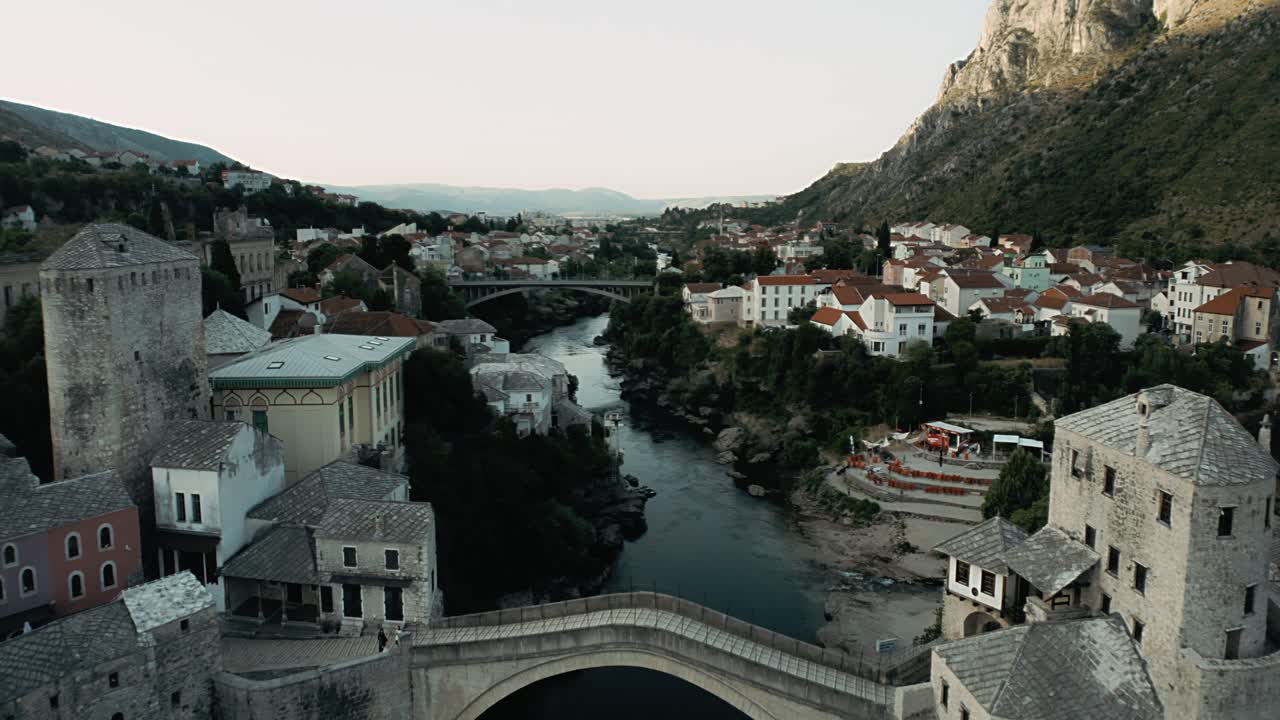 Drone footage of Mostar, Bosnia, during blue hour