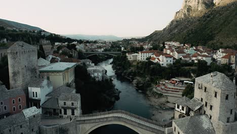 drone footage of mostar, bosnia, during blue hour