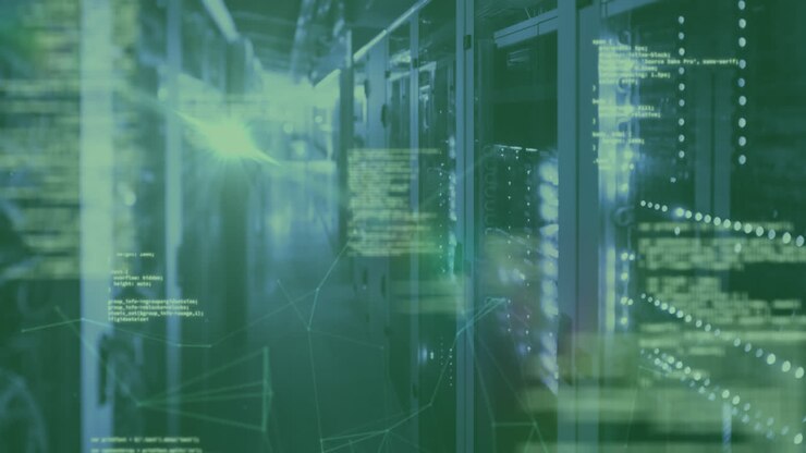 Animation of data processing over shapes and server room