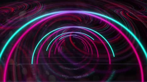 Animation-of-pink-and-blue-neon-arch-and-swirls-moving-on-black-background