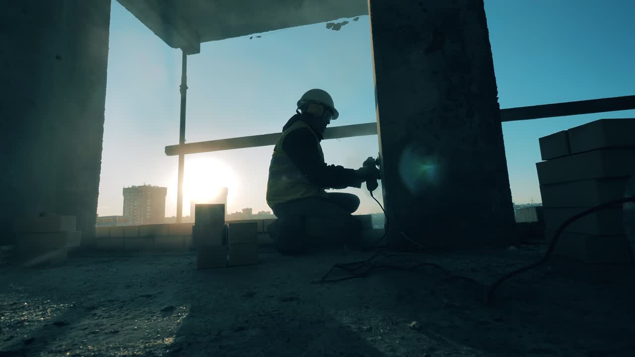 Worker in uniform grinds wall on sunset background.