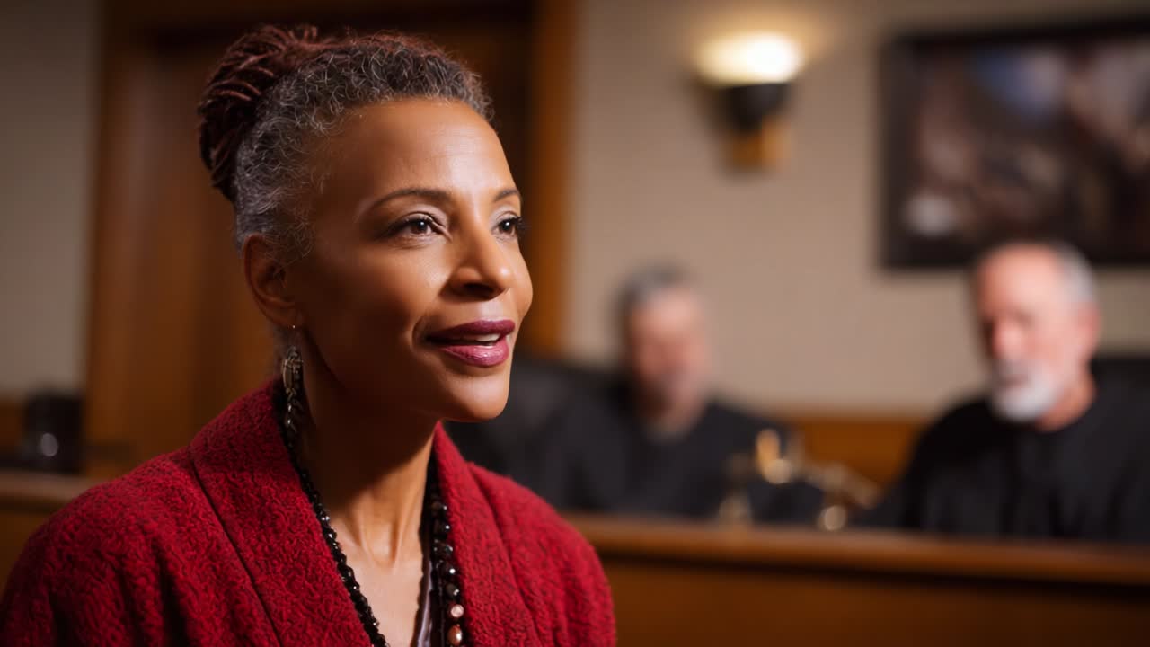 A Moment of Reflection: A Serene Woman in Discussion During a Legal Proceeding, Captured in Frames Showcasing the Tension and Calmness of a Courtroom Setting