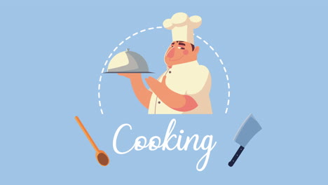 cooking lettering with chef and utensils animation