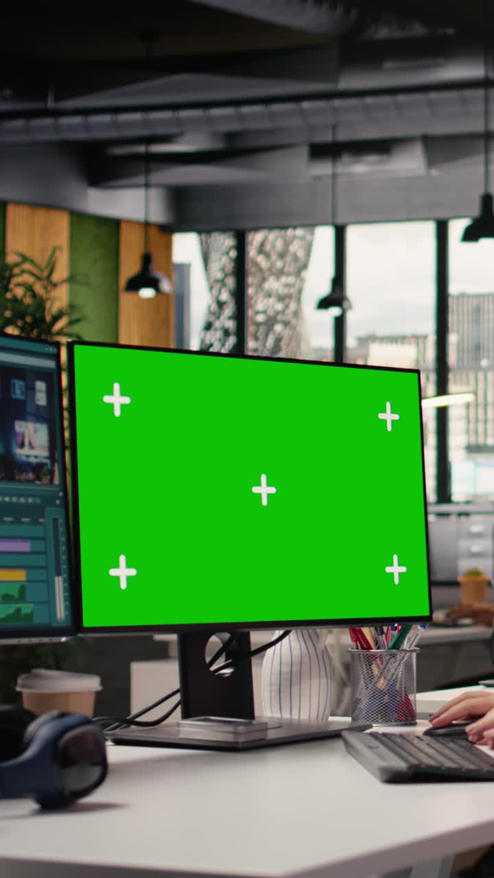 Vertical Video Isolated Mockup And Editing Footage With Videographer On Pc In Agency Office
