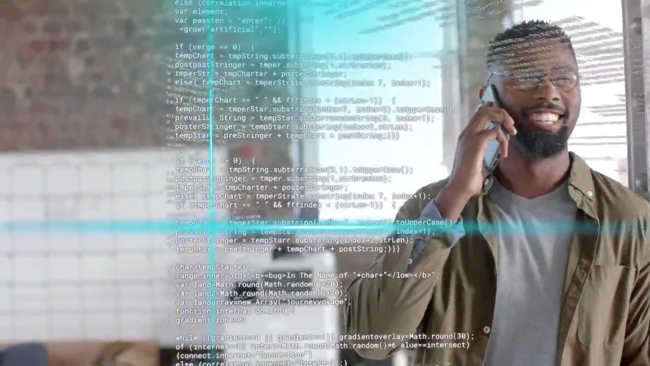 Tech pro speaking on smartphone in loft office, call starting activating cyan code overlay for work