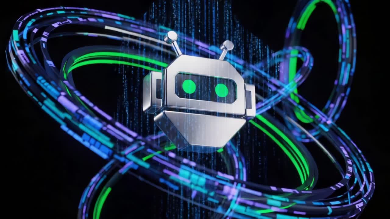 A futuristic robotic figure surrounded by colorful digital rings, symbolizing advanced technology and the integration of artificial intelligence in modern systems