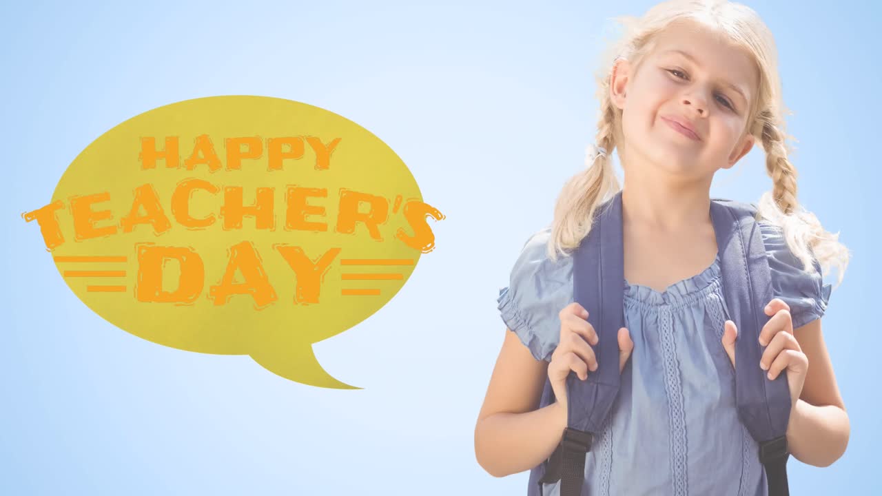 Animation of happy teacher's day text over caucasian schoolgirl