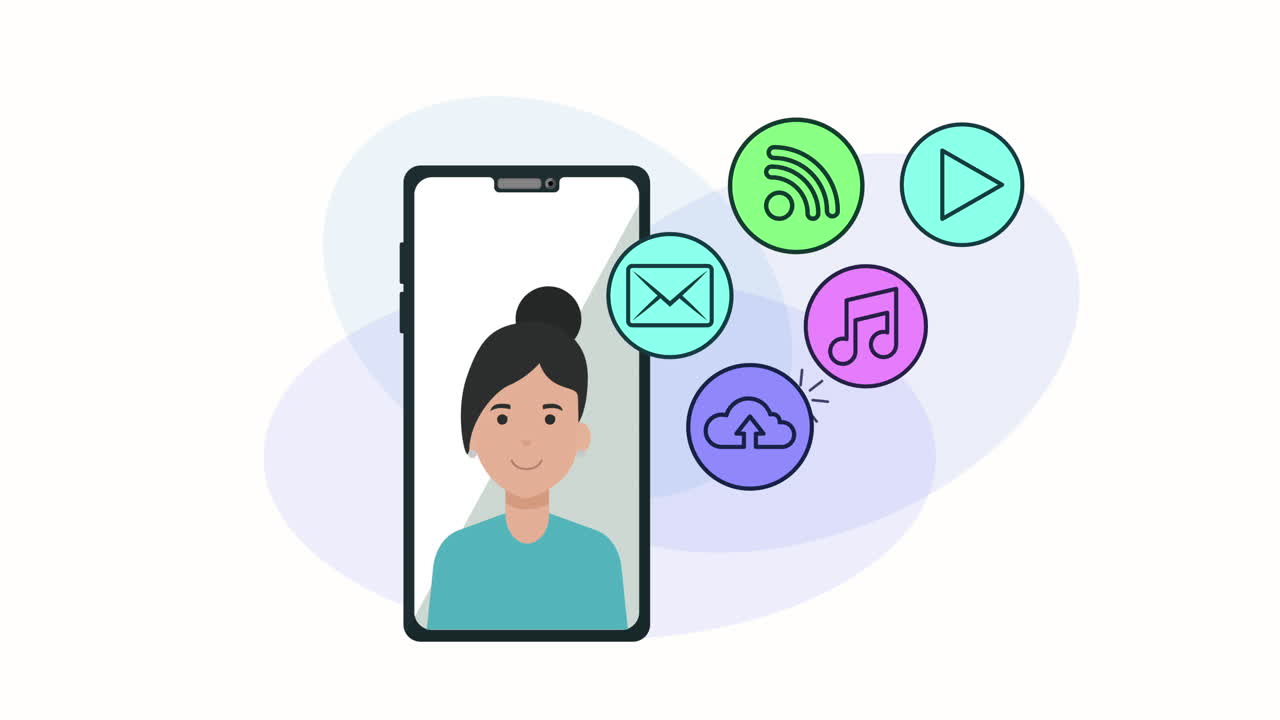 mujer y teléfono inteligente con animación de marketing de redes sociales