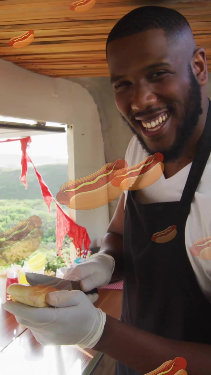 Hot dog animation over smiling food vendor in outdoor setting
