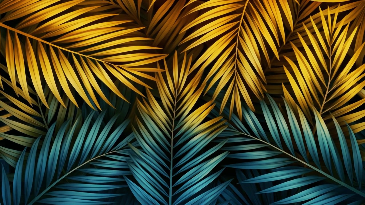 Abstract Background of Golden and Teal Tropical Palm Leaves