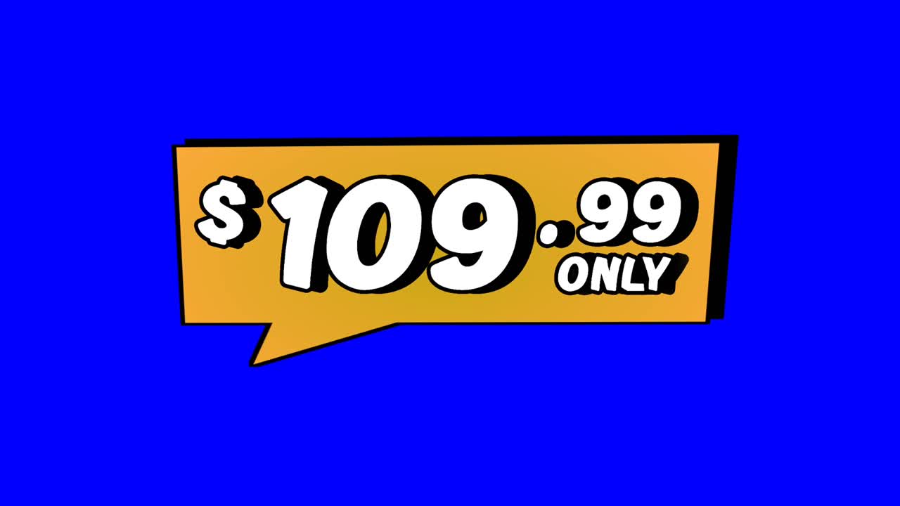 Animation $109.99 only price tag in orange speech bubble motion graphics on Blue screen background. Perfect for ads, e-commerce, retail, discounts, and promo videos business concept video element