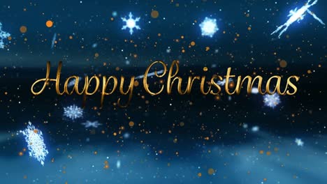 Animation-of-happy-christmas-tex,-and-snow-falling-over-black-background