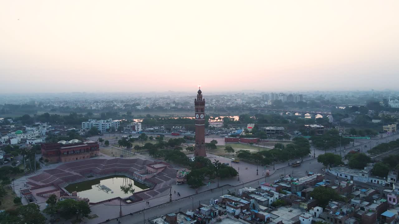 Aerial view of the Clock Tower in Lucknow, with the first light of day illuminating the city’s skyline.