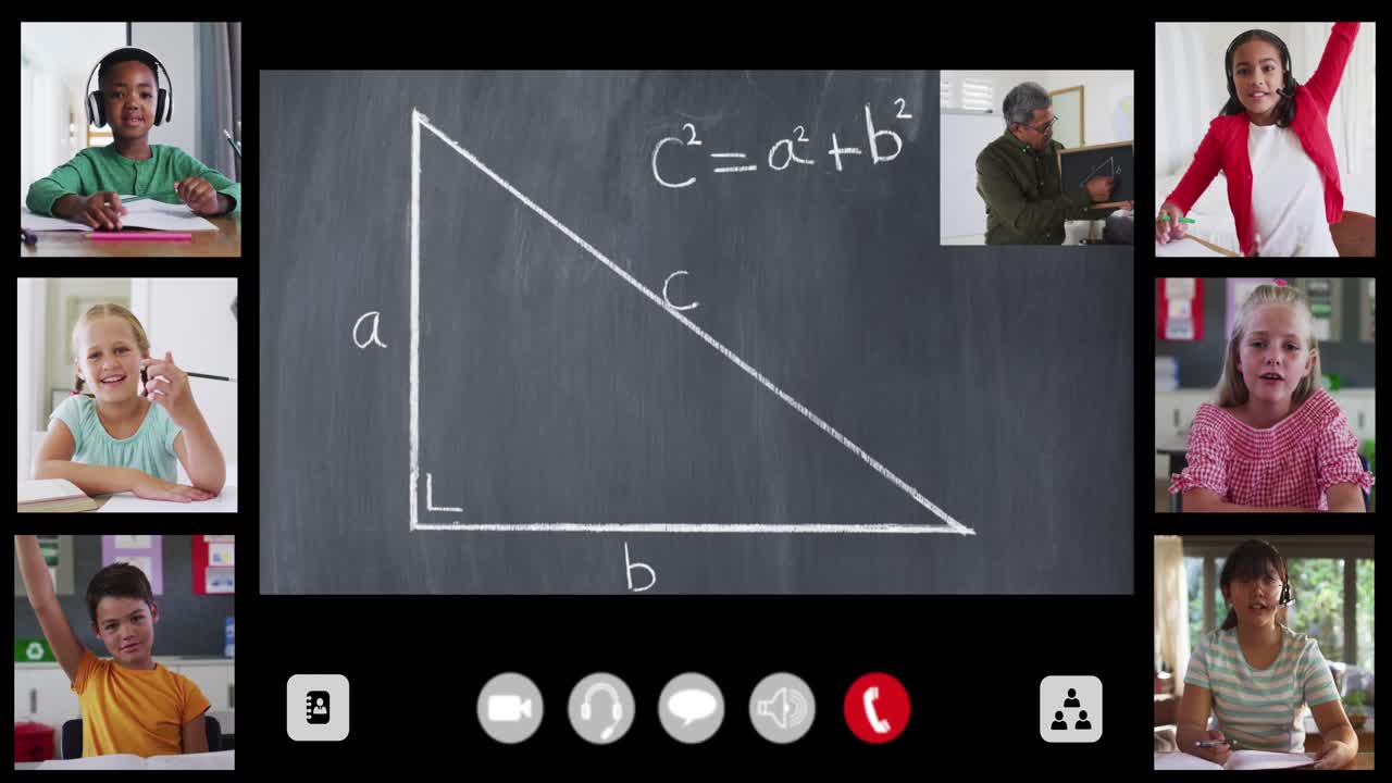 Animation of interface screen with chalkboard, teacher and six diverse children in online lesson