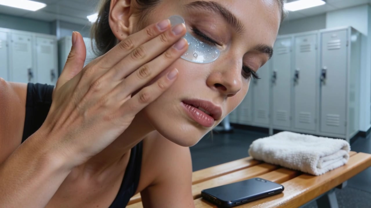 Applying post-workout, woman in gym tank smoothing under-eye hydrogel patch for skin on bench