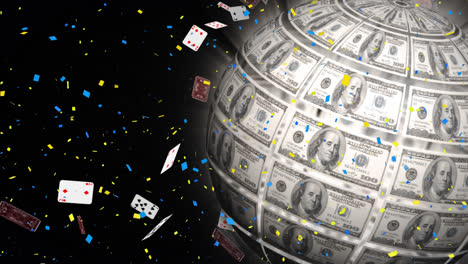 animación de globo de dólares girando, con cartas de juego y confeti, en negro
