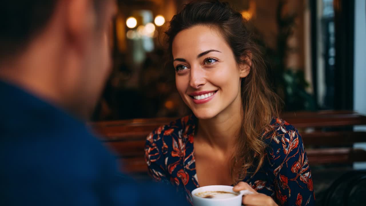 Una conversación amena y animada: capturando la esencia de la conexión tomando un café en un acogedor café con una mujer sonriente y una interacción intrigante en medio de una iluminación cálida