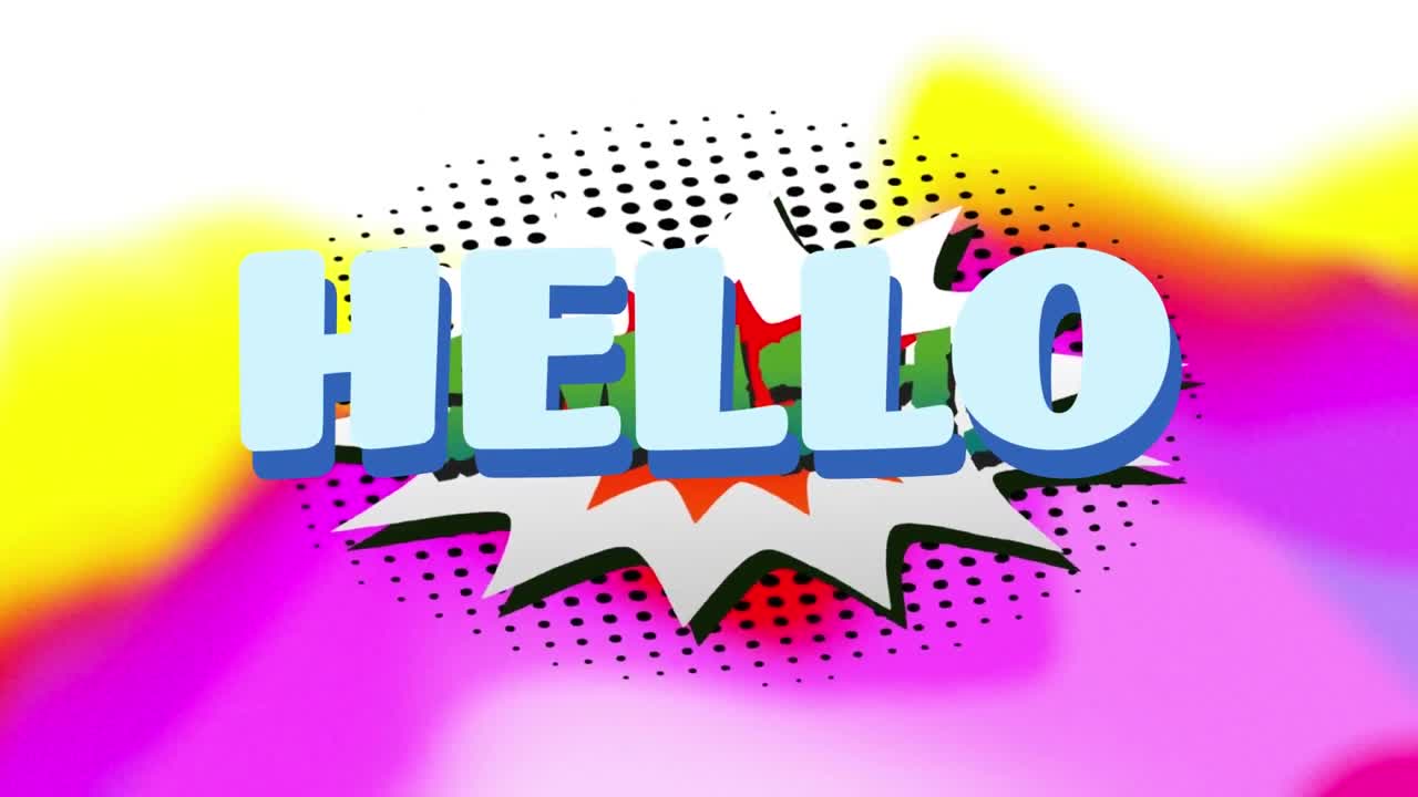 animación de texto de saludo sobre una burbuja de habla retro contra fondos cambiantes.