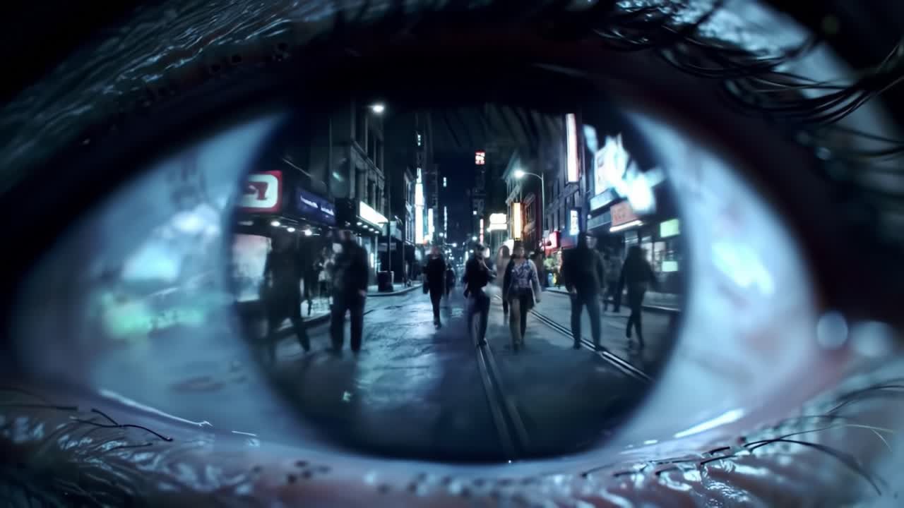 A Captivating View: Exploring Vibrant Urban Life Through the Intricate Lens of an Eye, Showcasing Dynamic Scenes of Nighttime City Streets and Human Activity