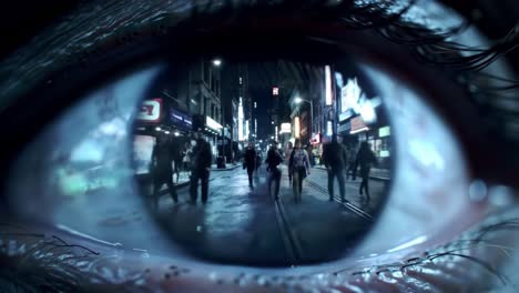 a captivating view: exploring vibrant urban life through the intricate lens of an eye, showcasing dynamic scenes of nighttime city streets and human activity