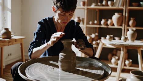 mujer moldeando arcilla en la rueda de cerámica