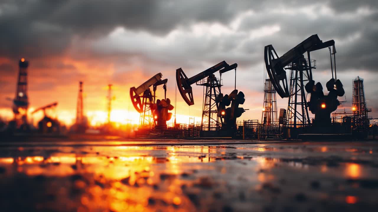 Atardecer dramático sobre bombas de petróleo: una vista cautivadora de equipos de la industria extractiva silueteados por la luz dorada y un fondo de nubes ondulantes.