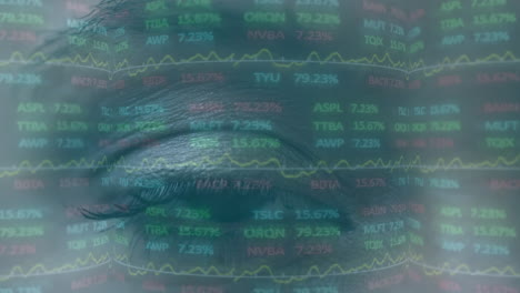 animation of financial data processing over woman's eye in background