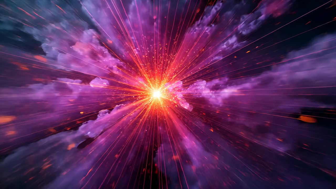 Yellow core appearing in space, emitting red streaks, expanding purple clouds, with drifting embers