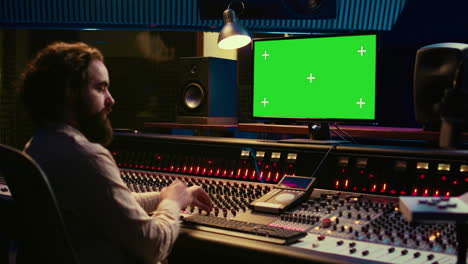 diseñador de sonido mira tutoriales en línea a través de un monitor de pantalla verde