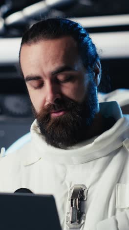 vertical video astronaut inside futuristic spaceship checking red planet journey analytics