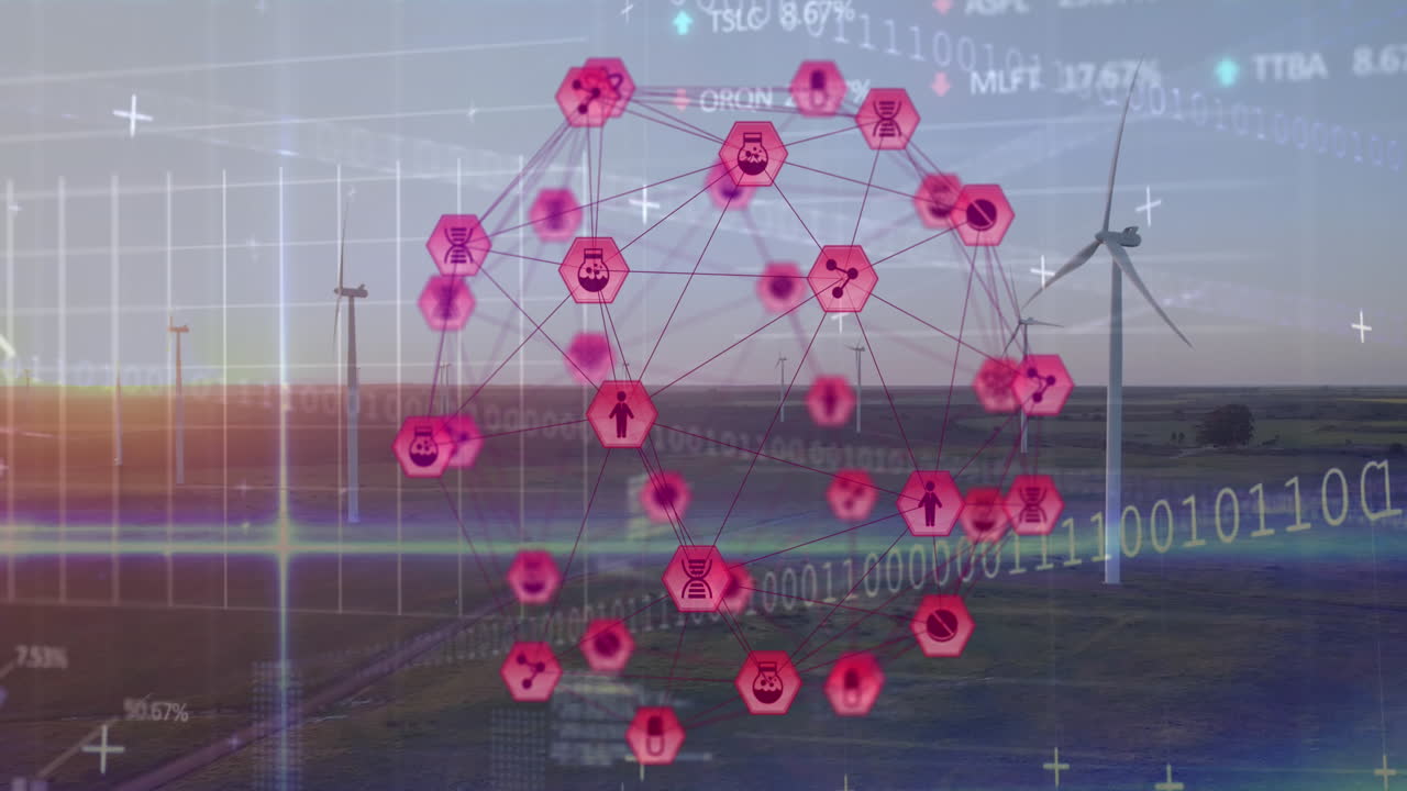 아이콘의 애니메이션 지구, 그래프, 상거래 보드 회전 풍차를 통해 하늘에 대 한 필드에서