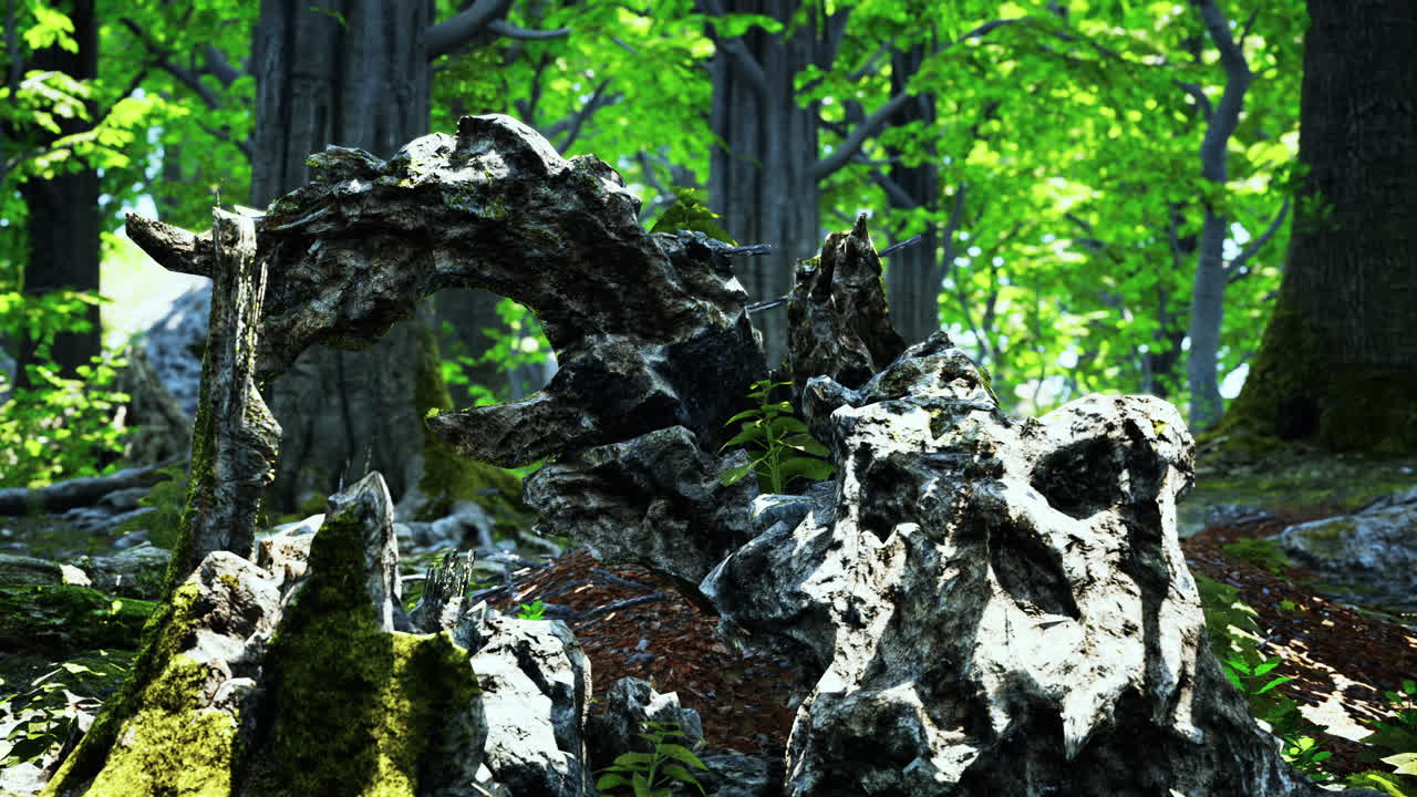 푸른 숲 풍경과 함께 태양은 잎사귀를 통해 아름다운 광선을 던진다