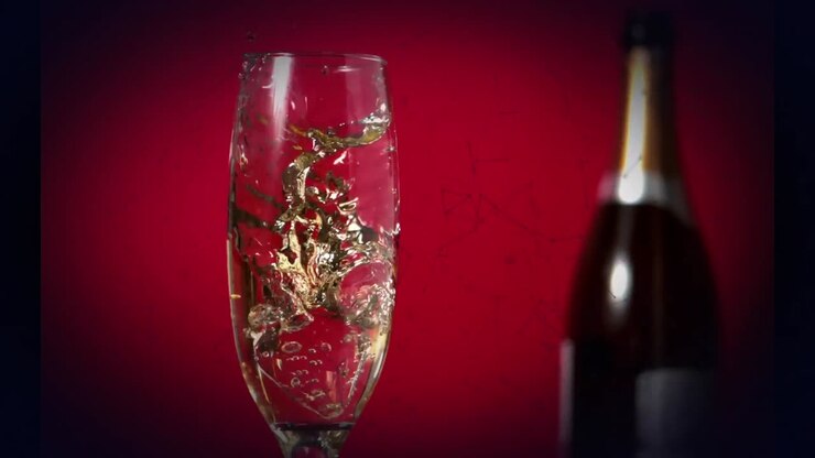 Animazione di una rete di connessioni con particelle che cadono su un bicchiere di champagne
