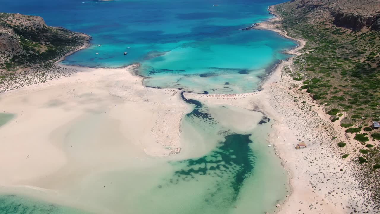 Aerial drone view video of iconic Balos beach and lagoon near Gramvousa island