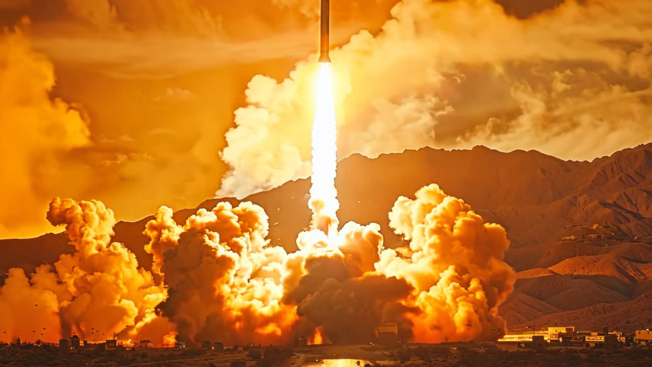A rocket is launching into the sky, leaving a trail of smoke behind it. The scene is set in a desert, with mountains in the background. Scene is one of excitement and wonder