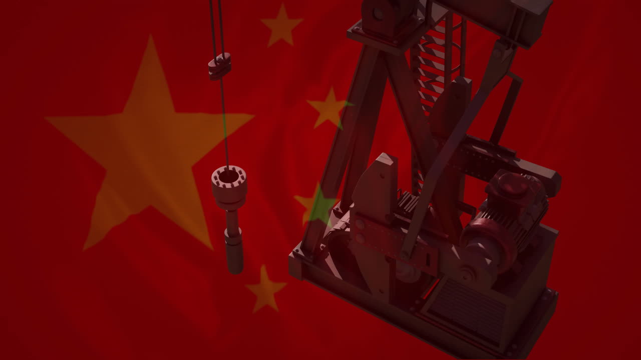 animación de bombeo de derrick de petróleo sobre la bandera de china