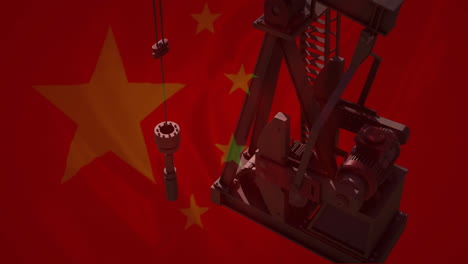 animación de bombeo de derrick de petróleo sobre la bandera de china