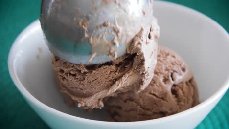 chocolate ice cream bowl being dropped in a white bowl