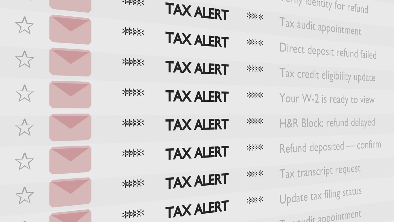 Primo piano animato di una casella di posta digitale piena di email urgenti di 'AVVISO FISCALE', che mostra notifiche su rimborsi, verifiche fiscali e conformità. Scatto ravvicinato pulito, nitido e ad alto contrasto.