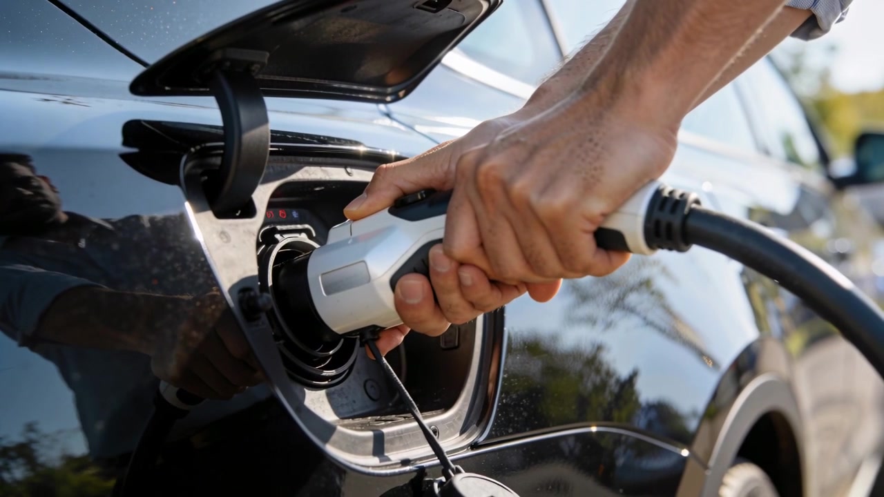 Kolları sıvalı eller, kaldırım kenarında kapağı açık elektrikli araç (EV) portuna şarj cihazını takarak şarjı başlatıyor.