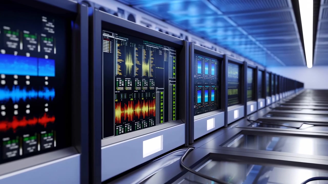 Slow lateral camera movement reveals repeating equipment screens with multicolored signal graphs and meters, while reflective metal panels and overhead blue lighting recede into depth.