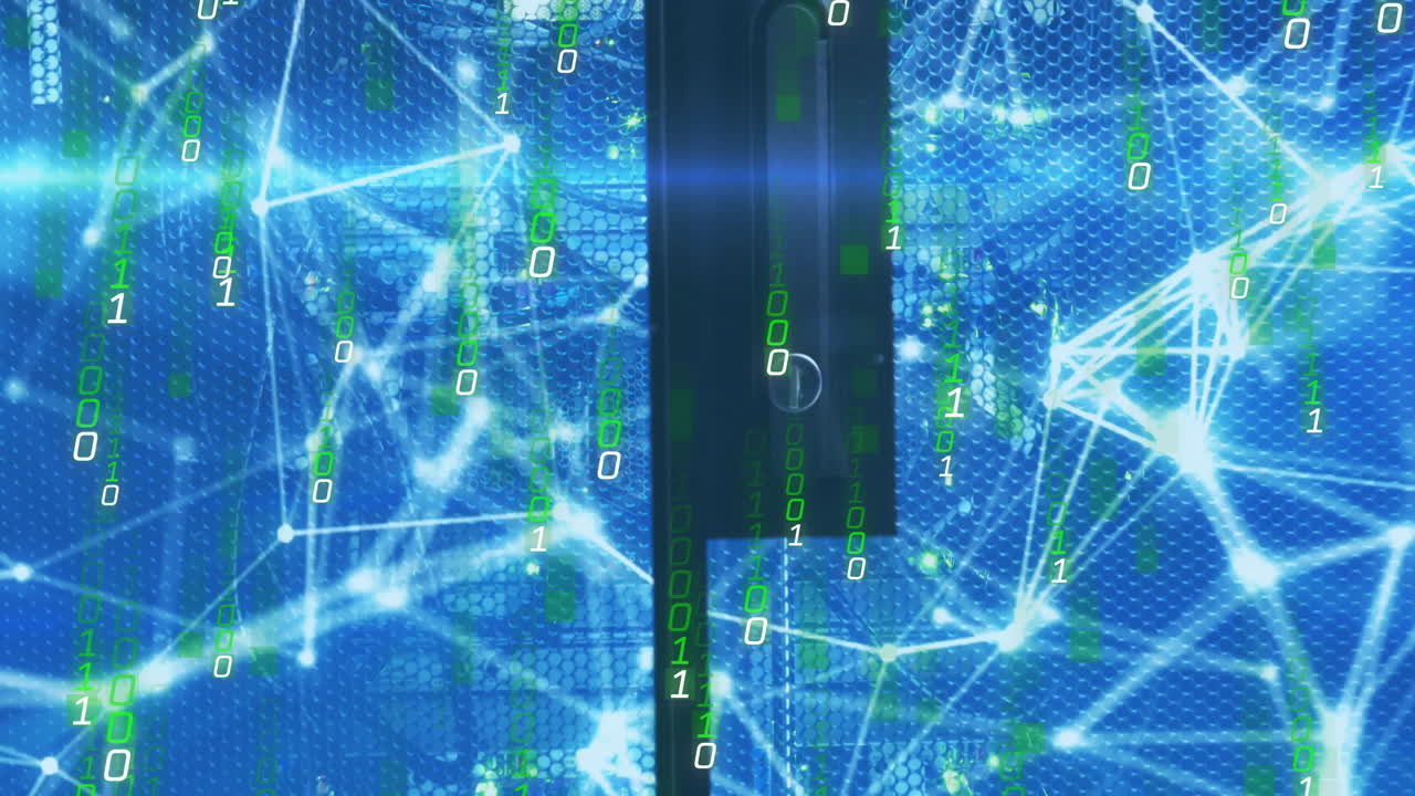 código binario y animación de conexiones de red sobre fondo digital azul