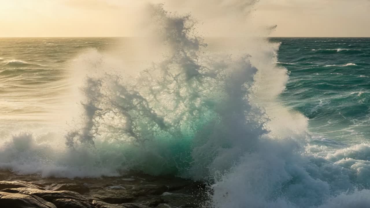 A Serene Coastal Transition: Majestic Waves Crashing Against Rocky Shoreline Under a Golden Sunset Sky, Capturing the Beauty of Nature's Power and Tranquility
