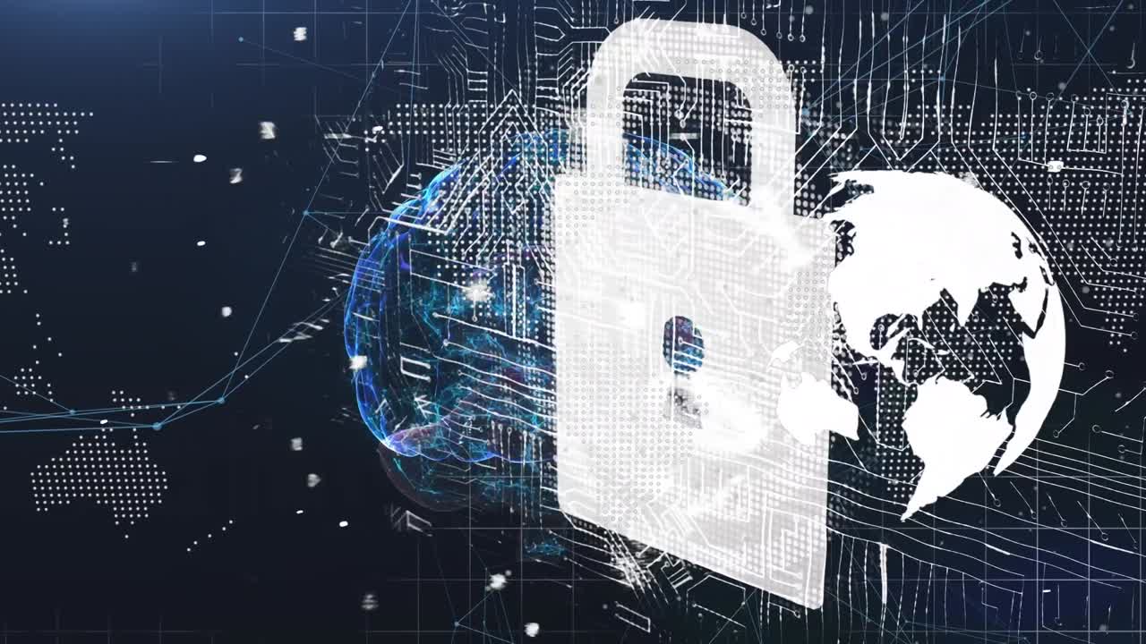 Animation of digital padlock, globe, connections and integrated circuit on navy background
