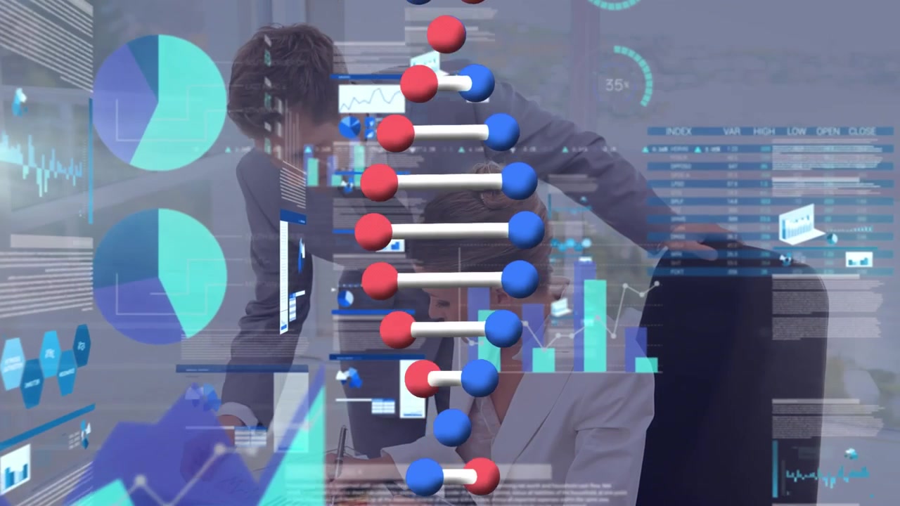 Animation of dna strand and data processing over diverse business people