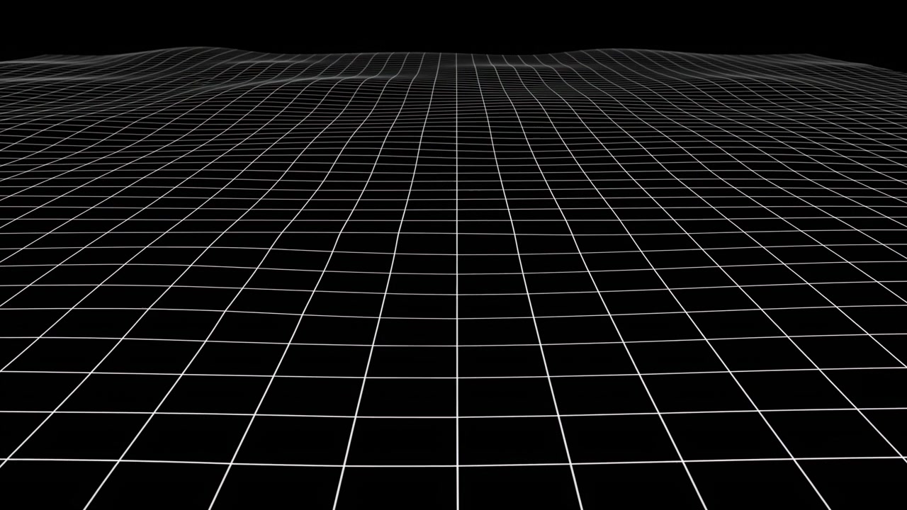 Low wide angle motion scene of white orthogonal grid laid over matte black plane, bending into broad smooth ridge with shallow undulations and flowing depth across clean monochrome space